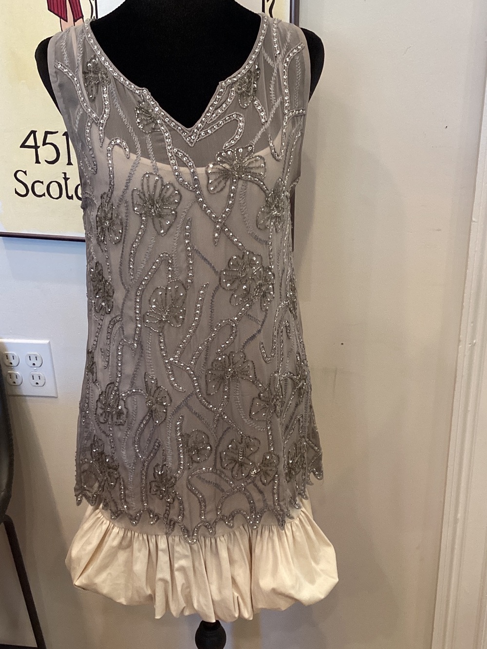 Alice + Olivia Beaded Gray Overlay Dress with Cream Ruffle Hem